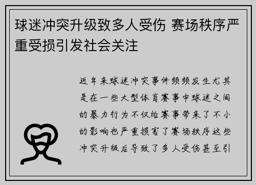 球迷冲突升级致多人受伤 赛场秩序严重受损引发社会关注
